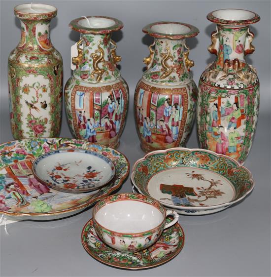 Pair of Canton famille rose vases, two similar vases, a shaped dish and sundries (wear to gilding)